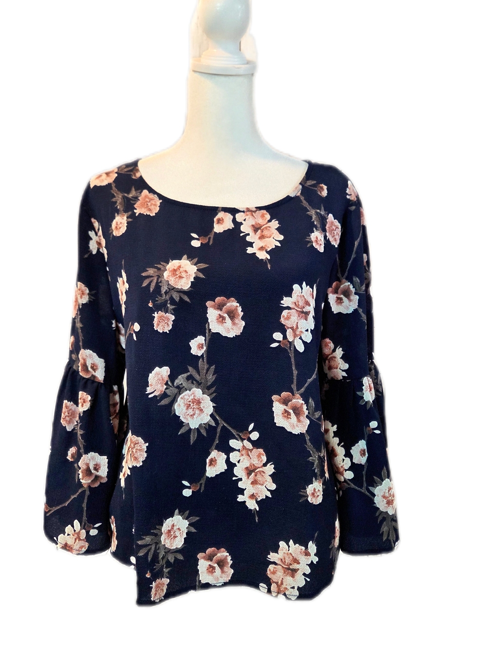 Rue21 Navy Floral Bell-Sleeve Blouse with Blush Flowers
